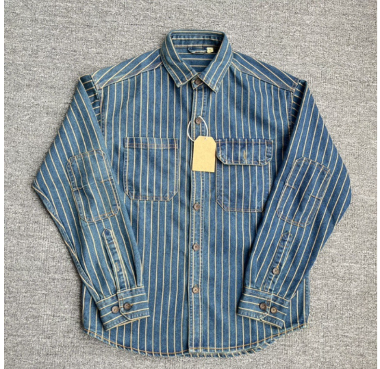 Men's Retro Denim Striped Cargo Shirt - 100% Cotton