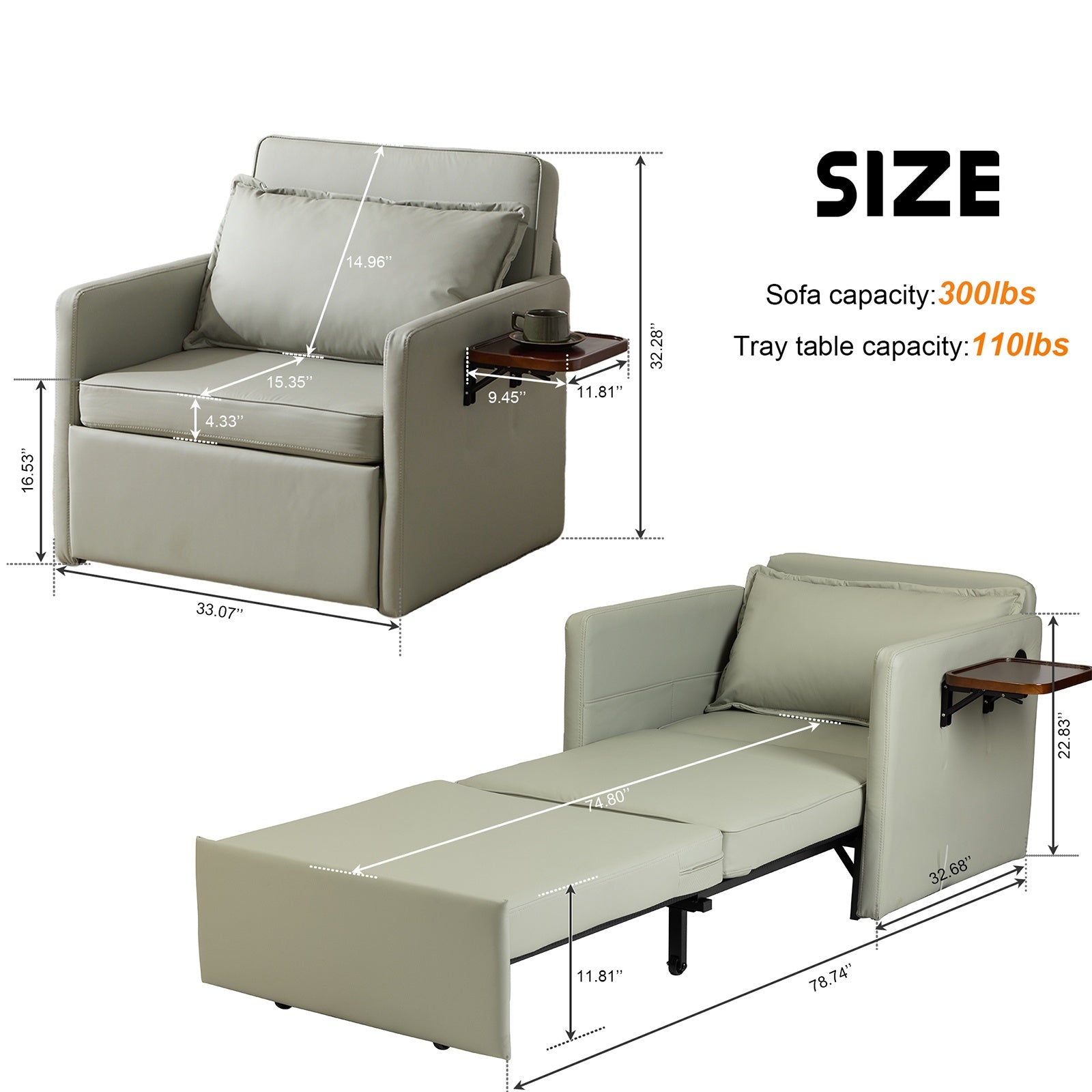 Adult Sleeper Chair Bed, 3-in-1 Convertible Sofa Chair.