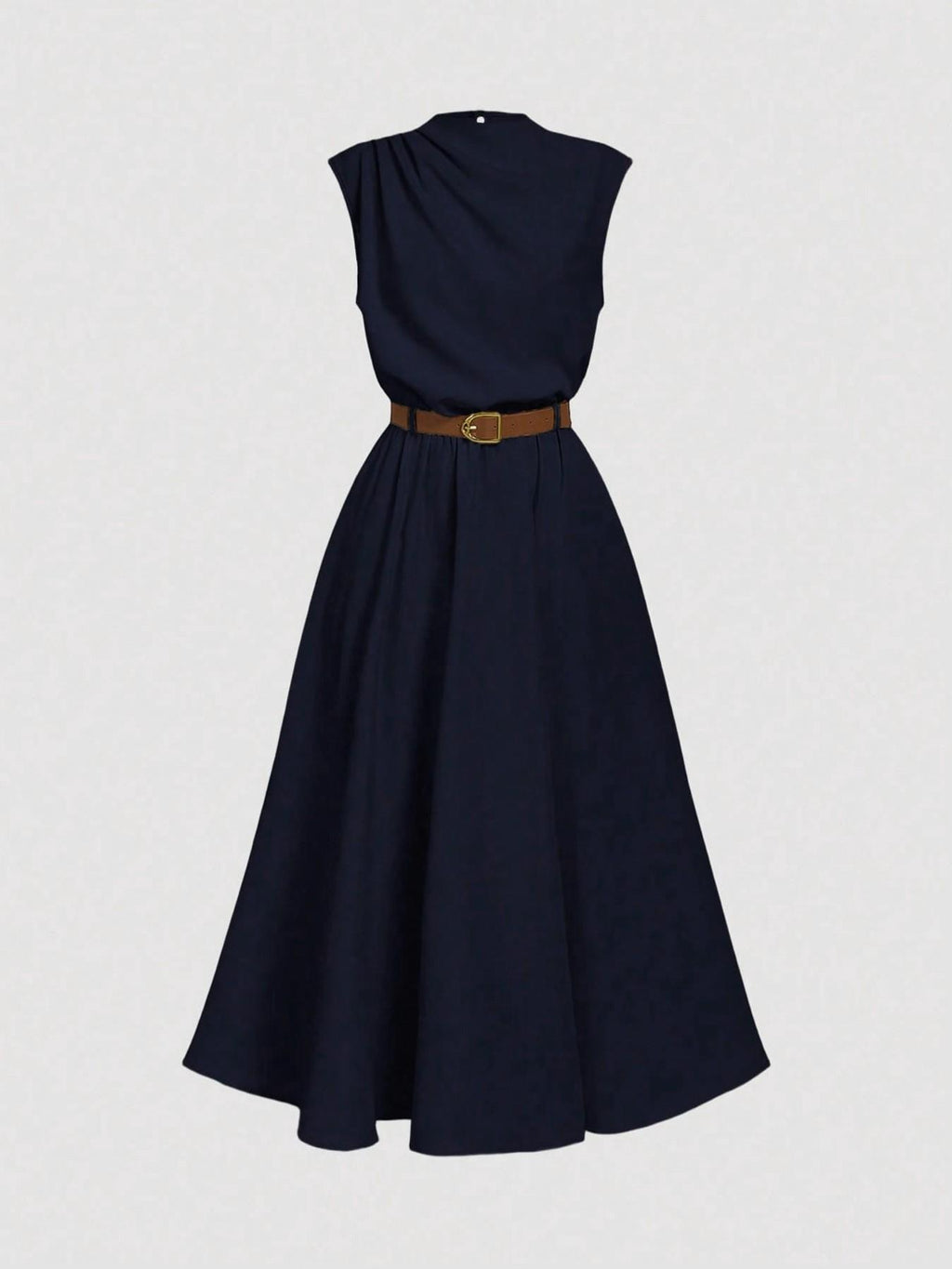 Solid-color High-neck One-sided Ruched Sleeveless Dress