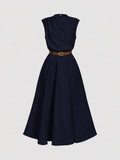 Solid-color High-neck One-sided Ruched Sleeveless Dress