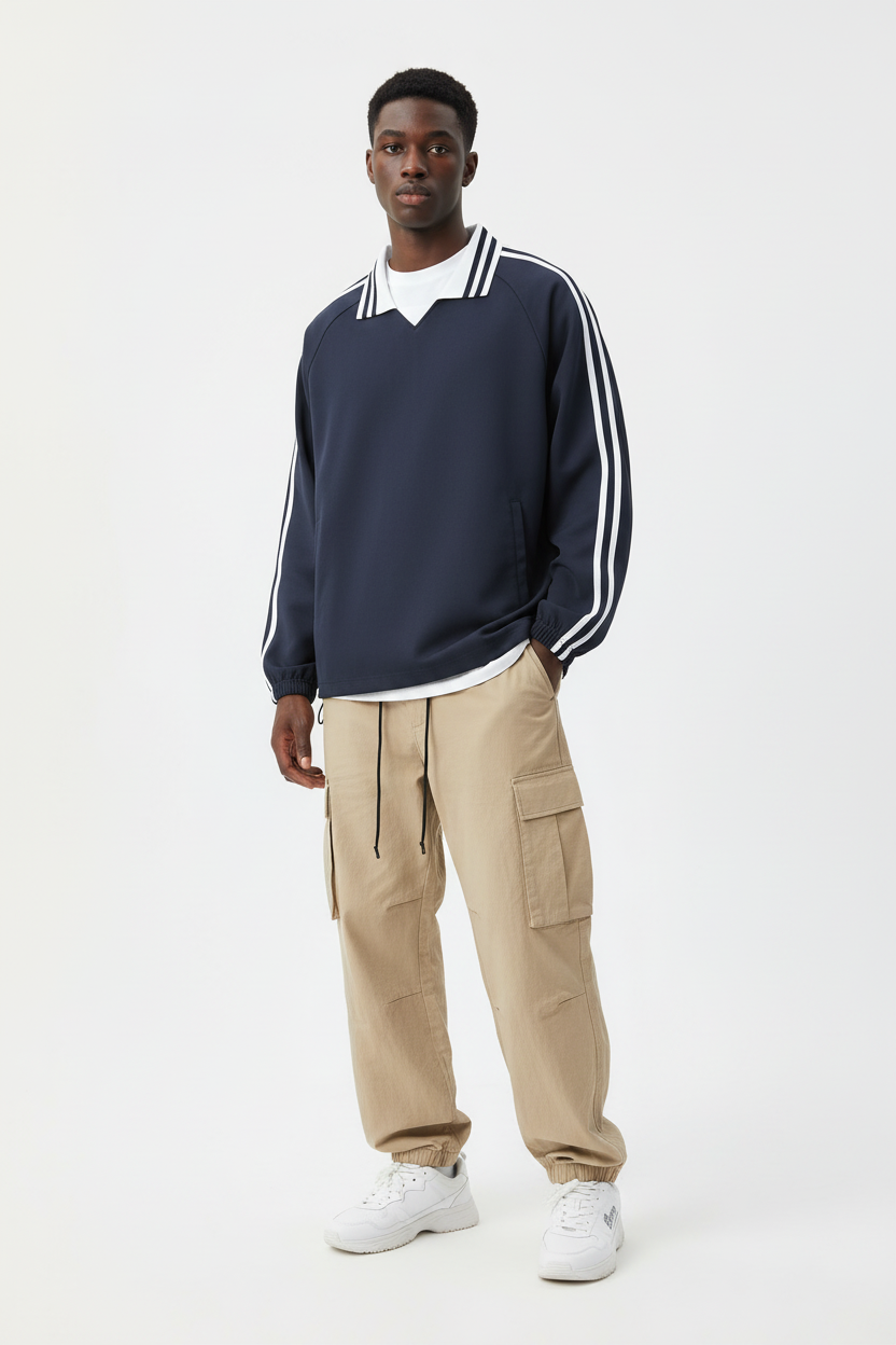 Contrast Striped Lapel Collar Sweatshirt