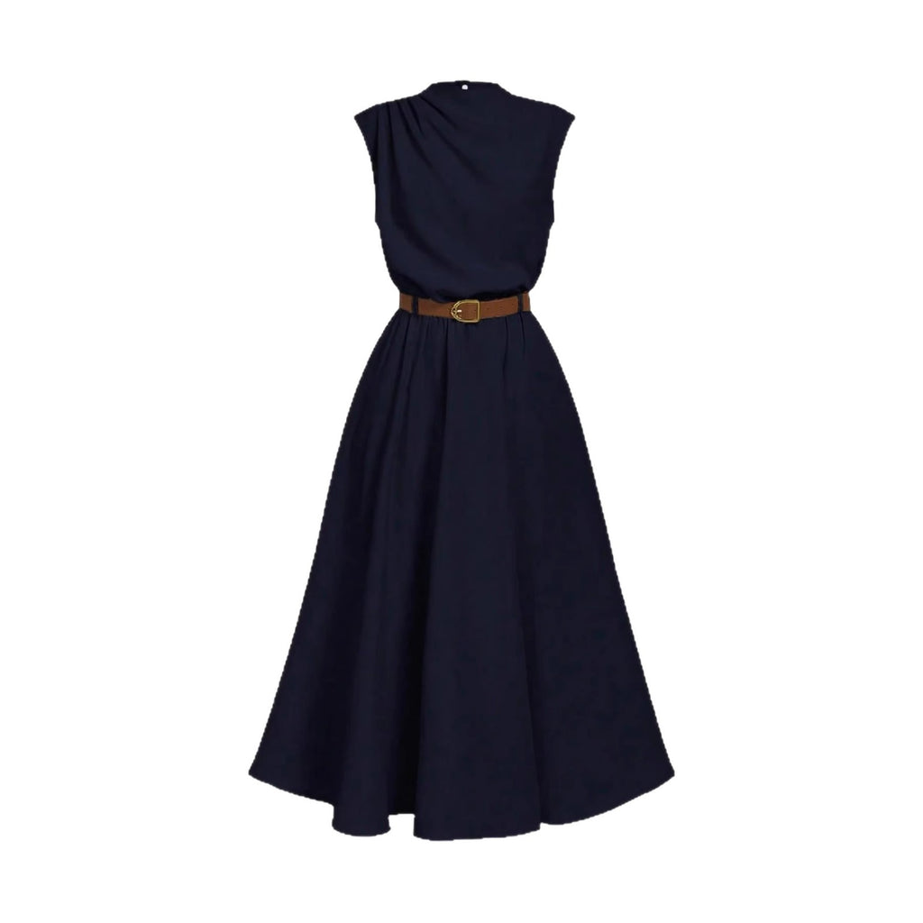 Solid-color High-neck One-sided Ruched Sleeveless Dress