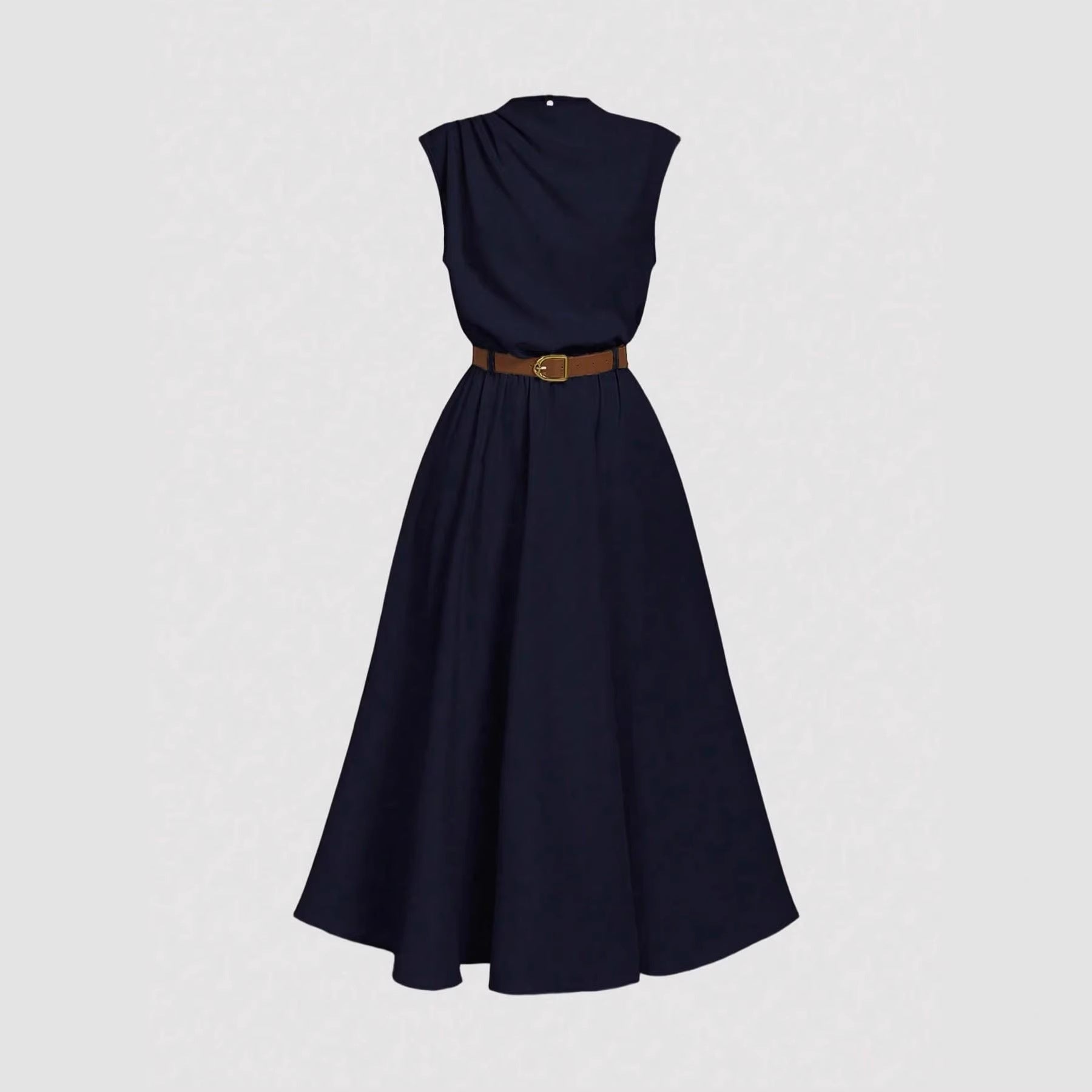 Solid-color High-neck One-sided Ruched Sleeveless Dress